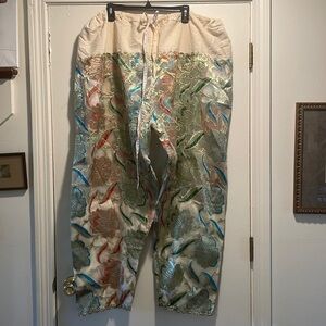 Silk Ethnic Handmade Embroidered Bold Floral Harem Scolloped Edge Pants